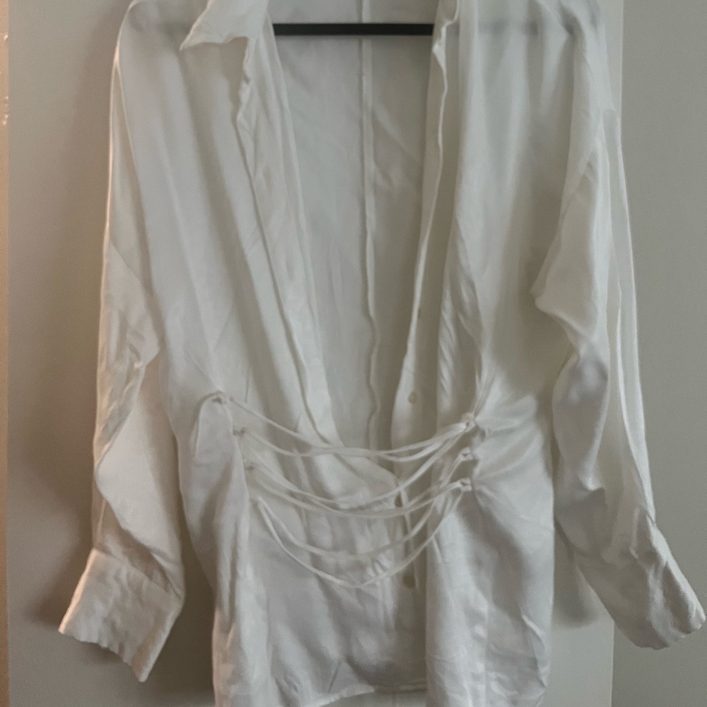 Zara silky / satin tie front lace up shirt - Picture 5 of 5